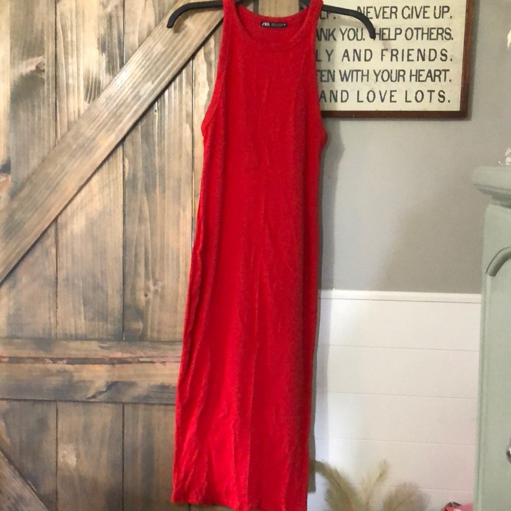 Zara Red Ribbed Racer Back Bodycon Dress in Size Large